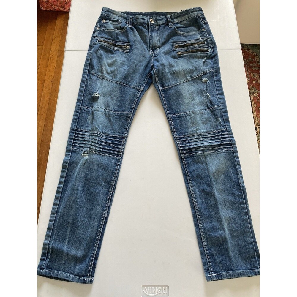 South Pole Skinny Jeans 38x32 Distressed Blue Zippers Logo Actual 36x31 Hip Hop